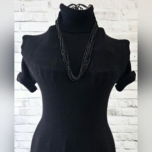 Vintage Style Multi-Strand Black Glass Seed Bead Necklace Gold Tone Ends